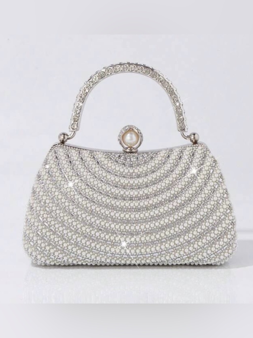 Elegant Silver Crystal-Embellished Evening Bag